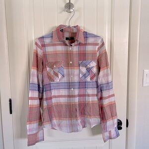 AQUA Girls’ Plaid Button Down Shirt Purple Pink Orange Size S